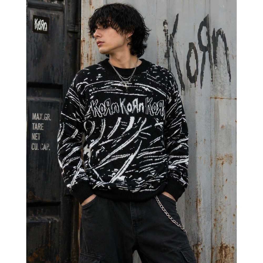 Vintage KoRn Sweater Men's (M) Black White Nu Metal Y2K Made in USA Graphic AOP